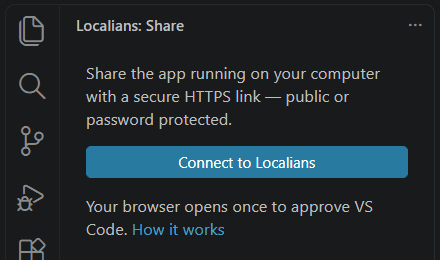 The Localians sidebar in VS Code with a Connect to Localians button